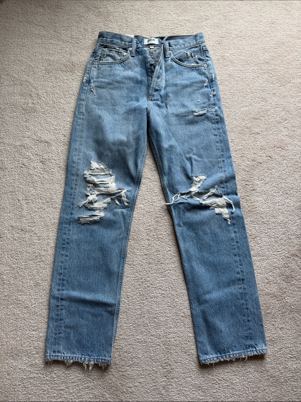 Agolde Light Blue Distressed Straight Leg Jeans